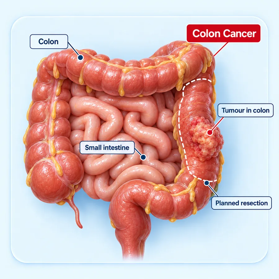 Labelled illustration of the colon with a tumour and the planned resection marked