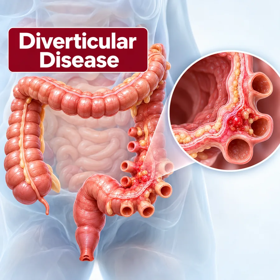 Illustration of the colon with diverticula and a close-up of an inflamed pouch