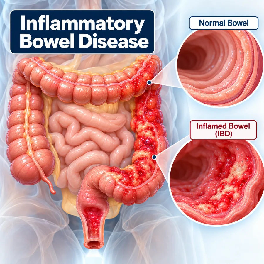 Illustration comparing a normal stretch of bowel with an inflamed stretch in inflammatory bowel disease