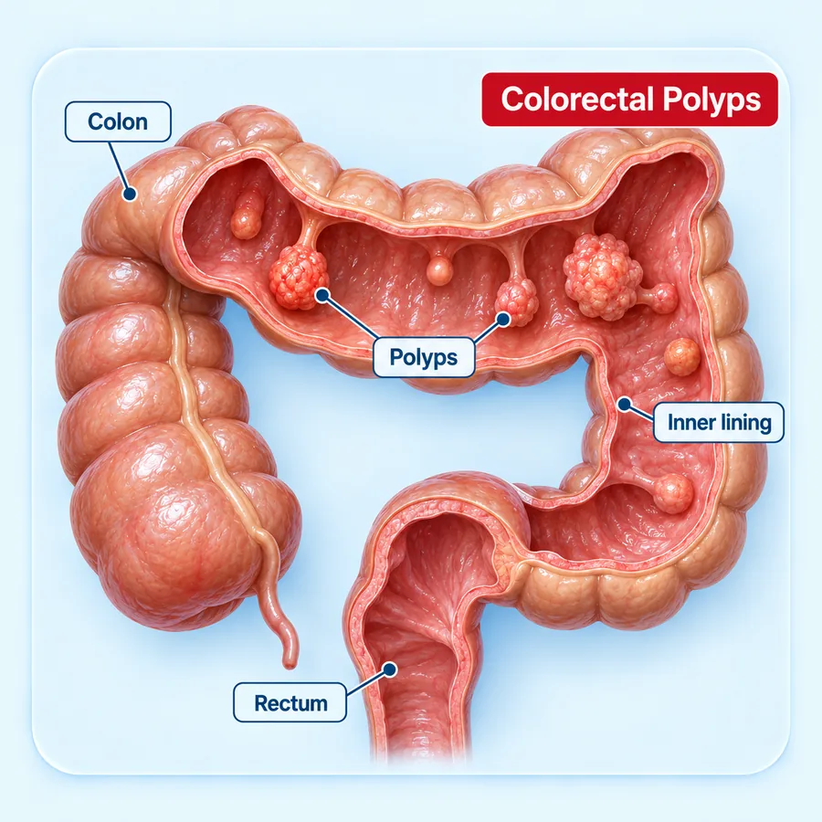 Cutaway illustration of the colon and rectum showing polyps on the inner lining