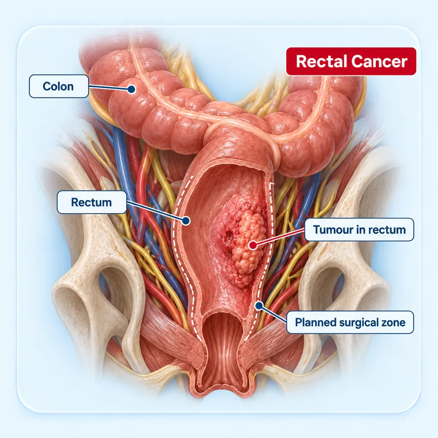 Labelled illustration of the rectum within the pelvis with a tumour and the planned surgical zone marked
