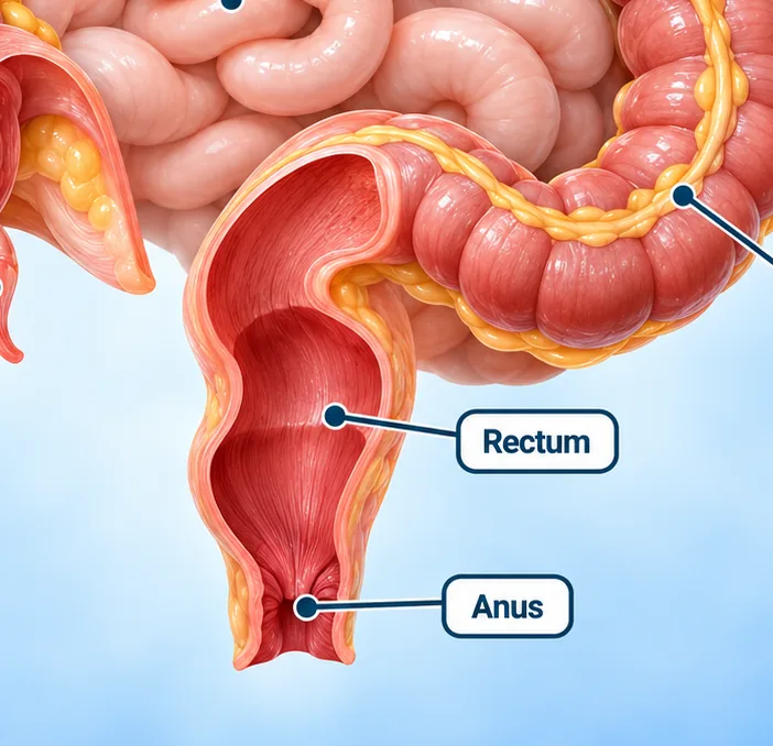 Labelled anatomy of the lower colon, rectum and anus