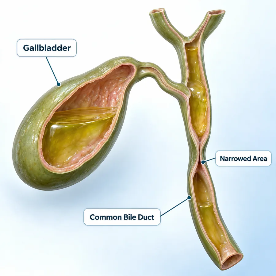 Illustration of the gallbladder and common bile duct with a narrowed segment