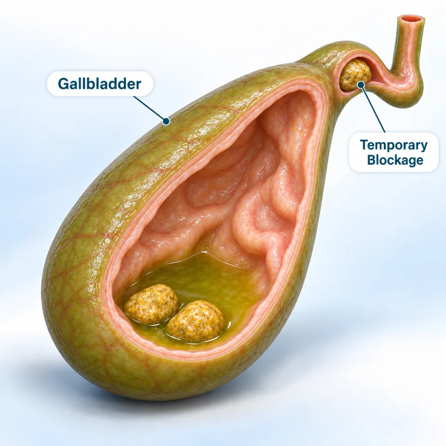 Illustration of a gallstone temporarily blocking the neck of the gallbladder