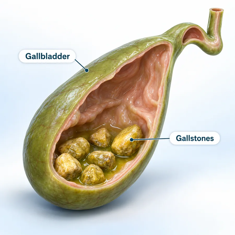 Illustration of the gallbladder opened to show gallstones sitting in bile