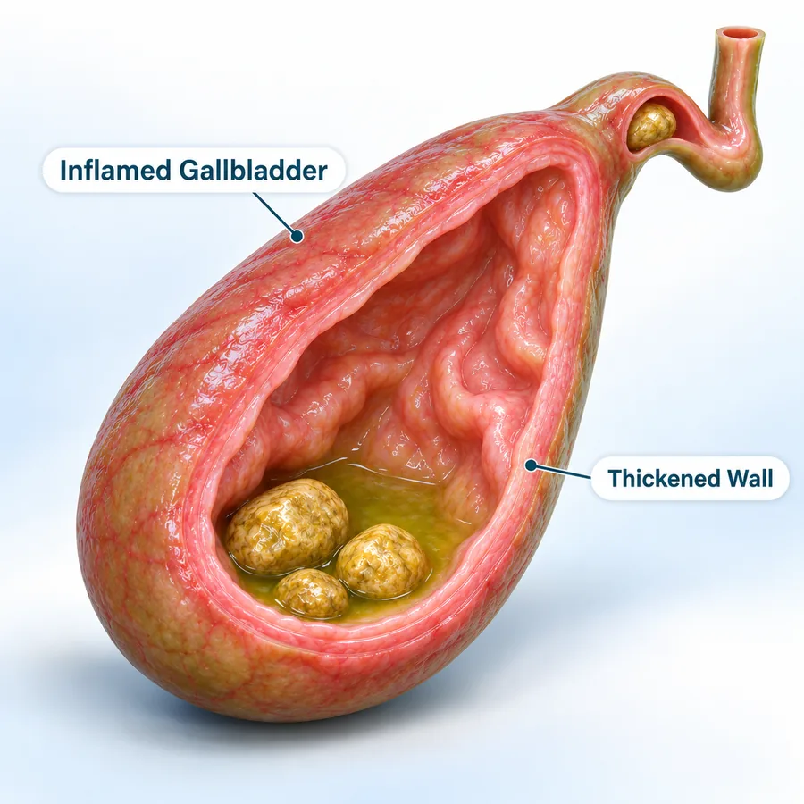 Illustration of an inflamed gallbladder with a thickened wall and stones inside