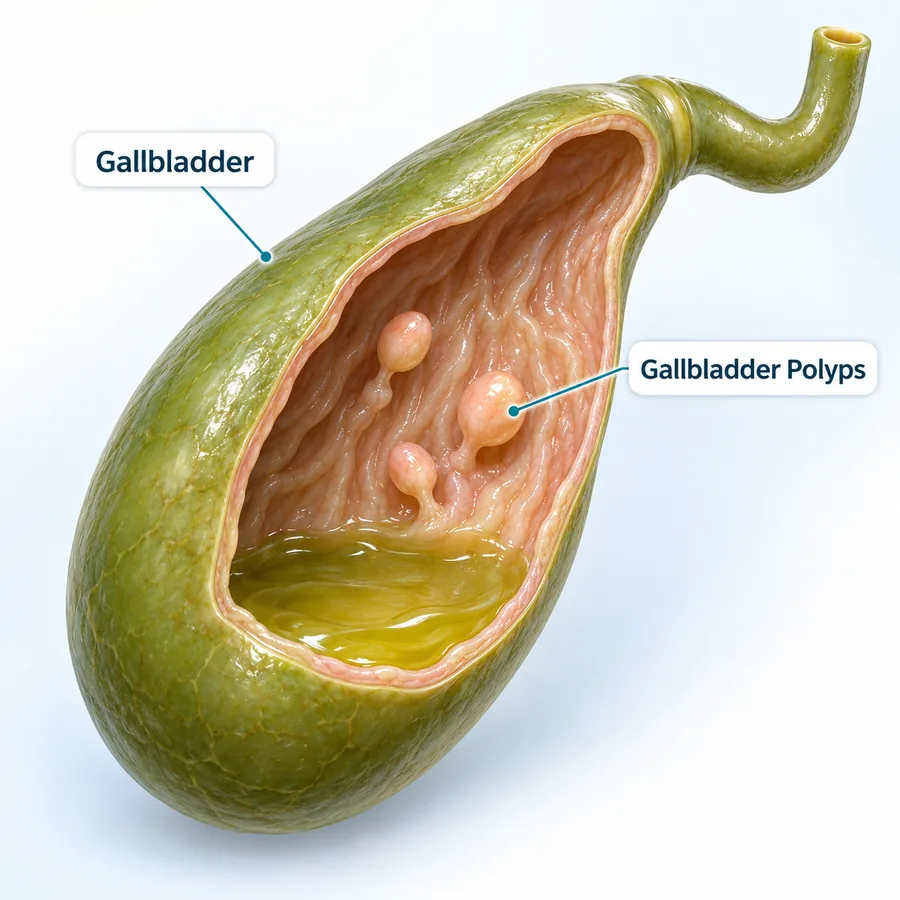 Illustration of the gallbladder lining carrying small polyps