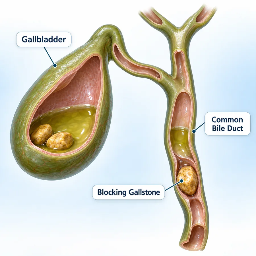 Illustration of a gallstone that has passed into the common bile duct and blocked it