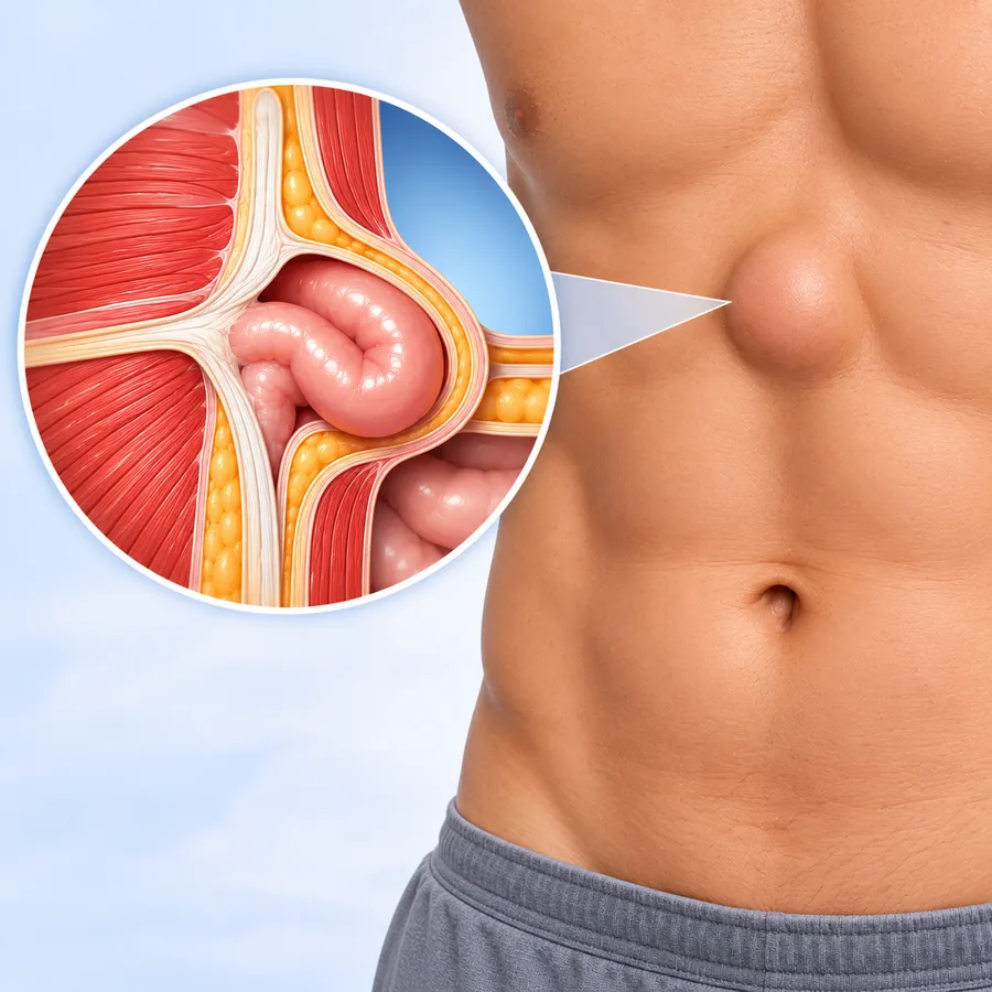 Epigastric hernia: a bulge in the upper abdomen above the navel, with a cutaway of the midline gap