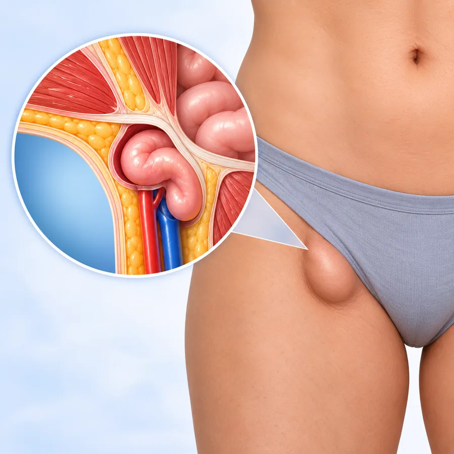 Femoral hernia: a bulge at the top of the thigh, with a cutaway showing the femoral canal beside the vessels