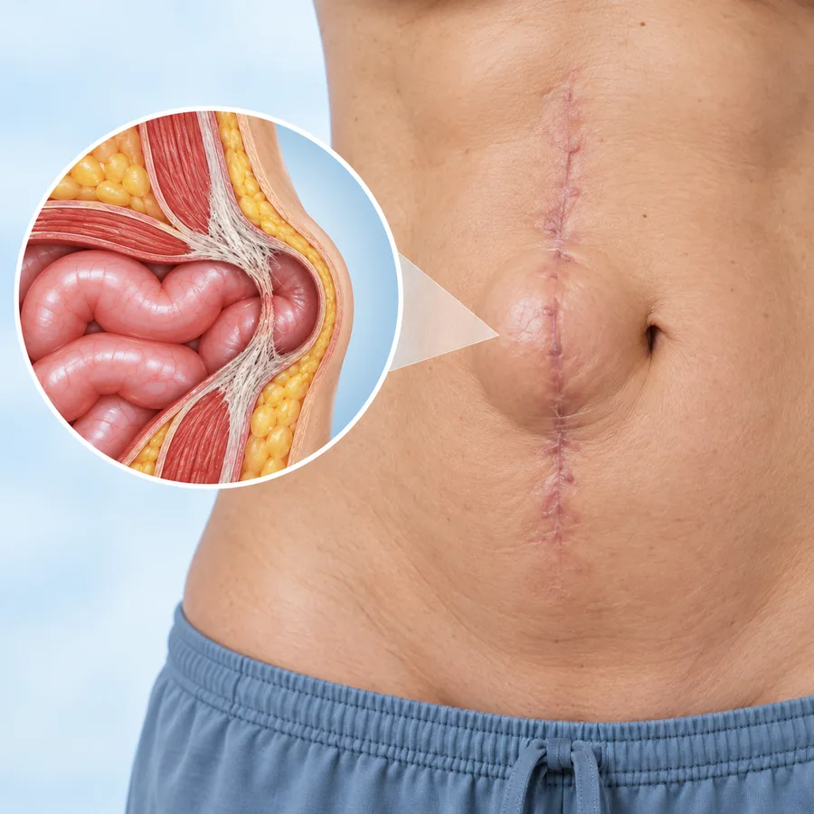 Incisional hernia: a bulge alongside a healed surgical scar, with a cutaway of the weakened repair