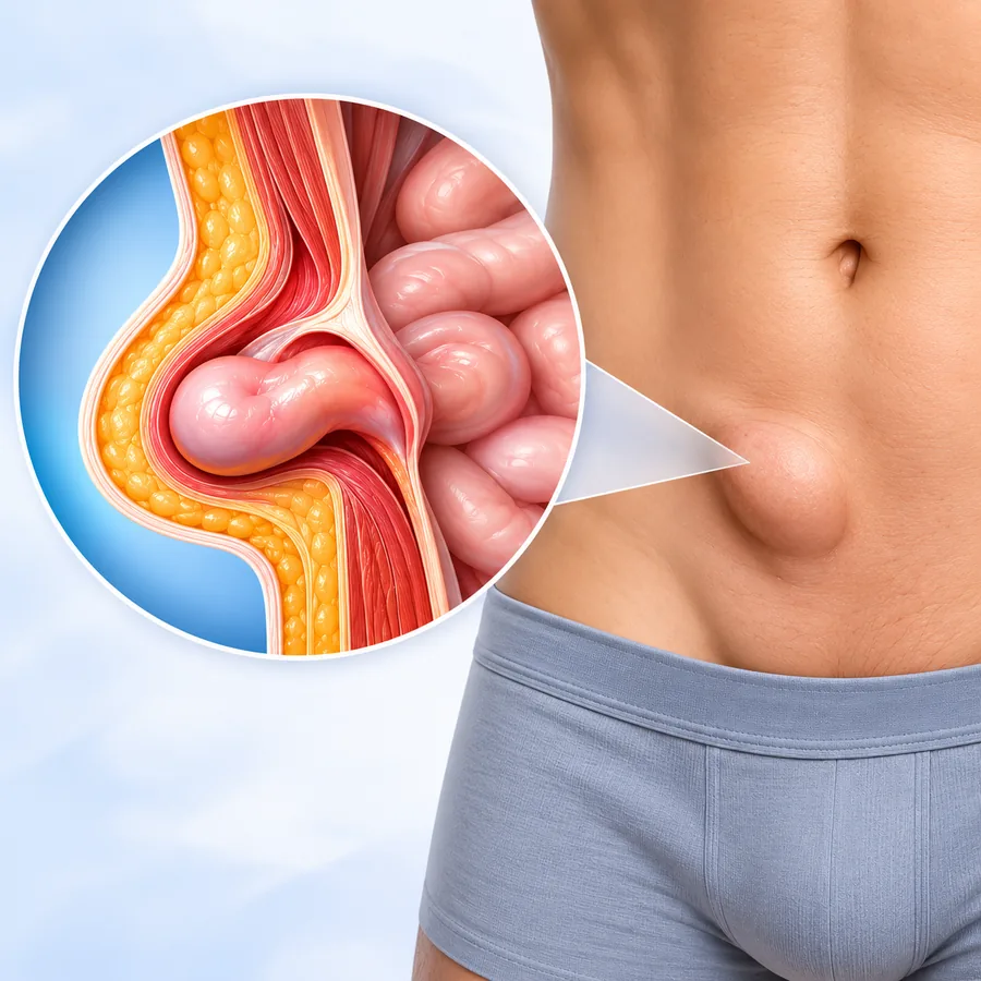 Inguinal hernia: a bulge low in the groin, with a cutaway showing bowel pushing through the groin canal