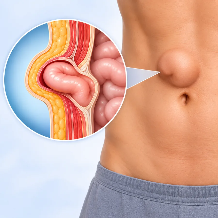 Paraumbilical hernia: a bulge just beside the navel, with a cutaway of the gap in the abdominal wall