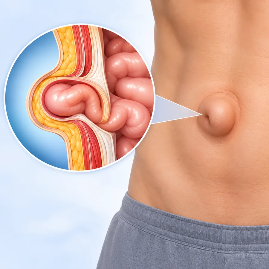 Umbilical hernia: a bulge at the navel, with a cutaway showing bowel pushing through the abdominal wall
