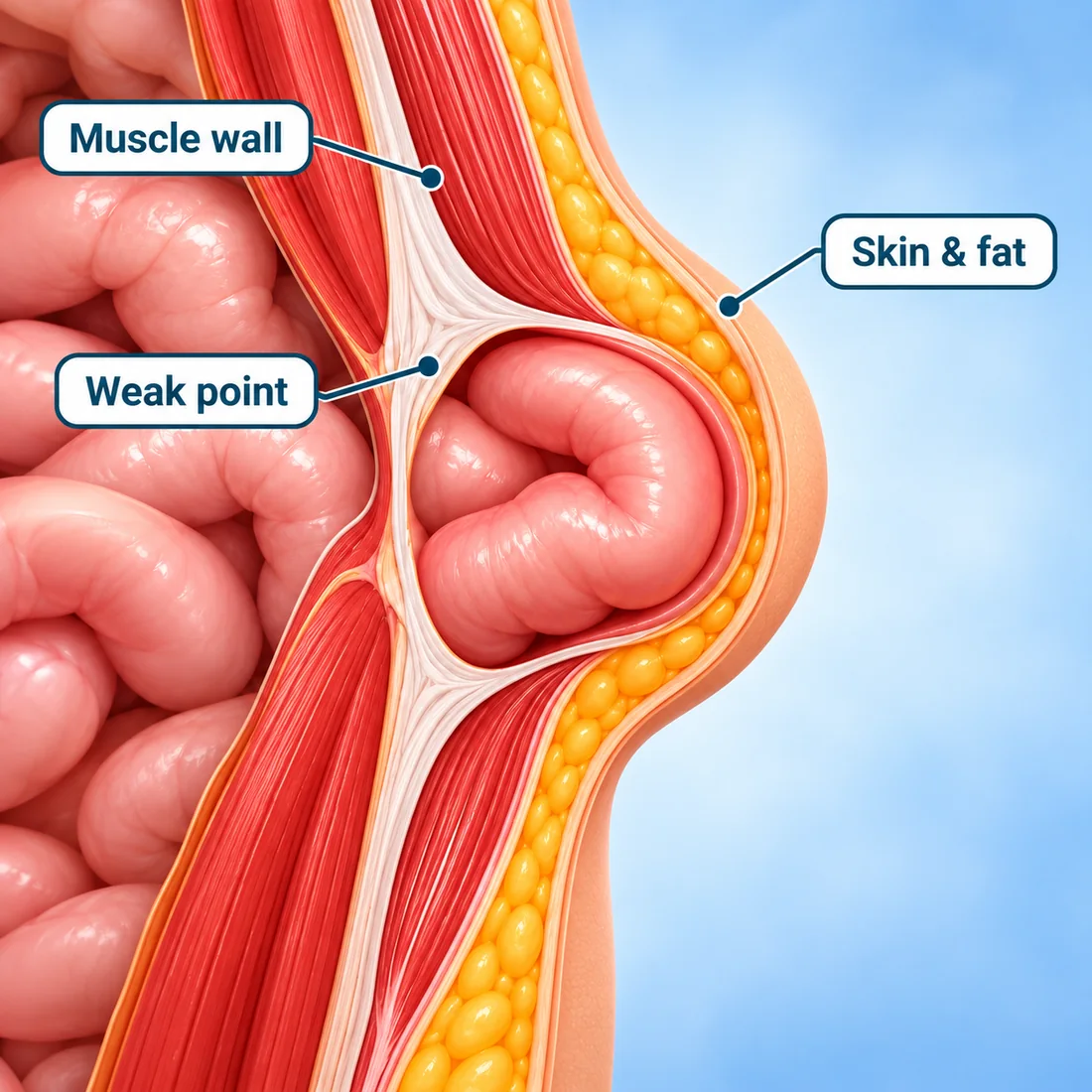 Cutaway of the abdominal wall labelling the muscle wall, the weak point in it, and the skin and fat above, with bowel pushing through the weak point to form a bulge