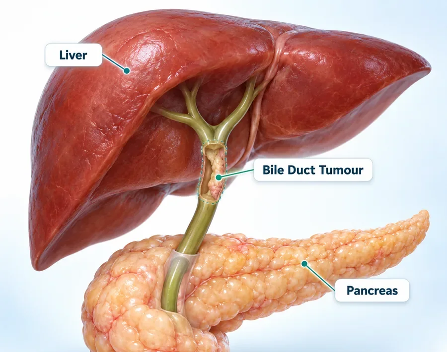 Illustration of the liver, bile duct and pancreas with a tumour marked in the bile duct