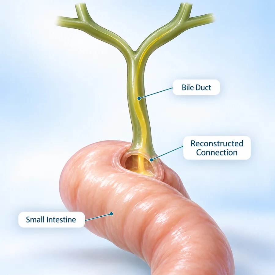 Illustration of the bile duct joined to the small intestine at a reconstructed connection