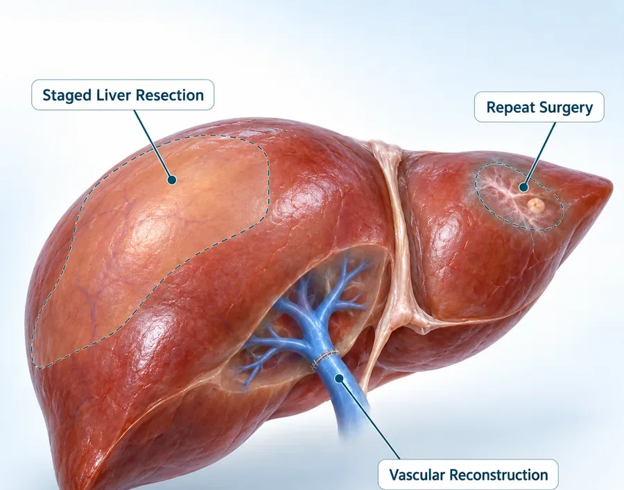 Illustration of the liver marking a staged resection, a repeat surgery site and a vascular reconstruction