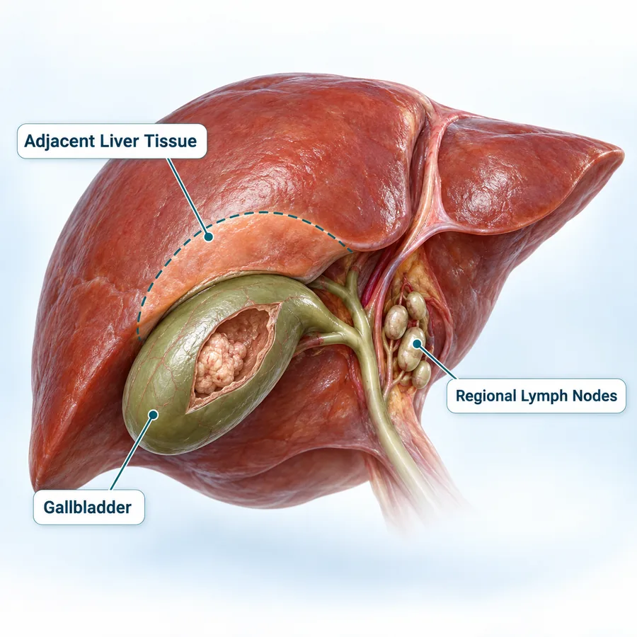 Illustration of a gallbladder tumour with the adjacent liver tissue and regional lymph nodes marked for removal
