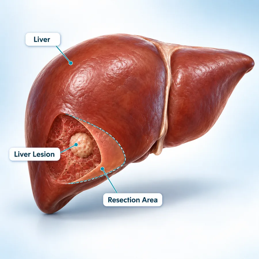 Illustration of the liver with a lesion marked and the planned resection area outlined