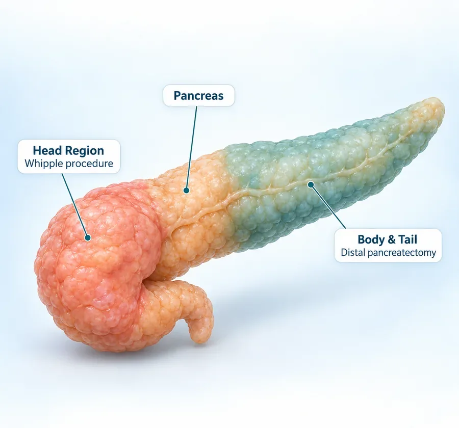 Illustration of the pancreas with the head region marked for a Whipple procedure and the body and tail for distal pancreatectomy