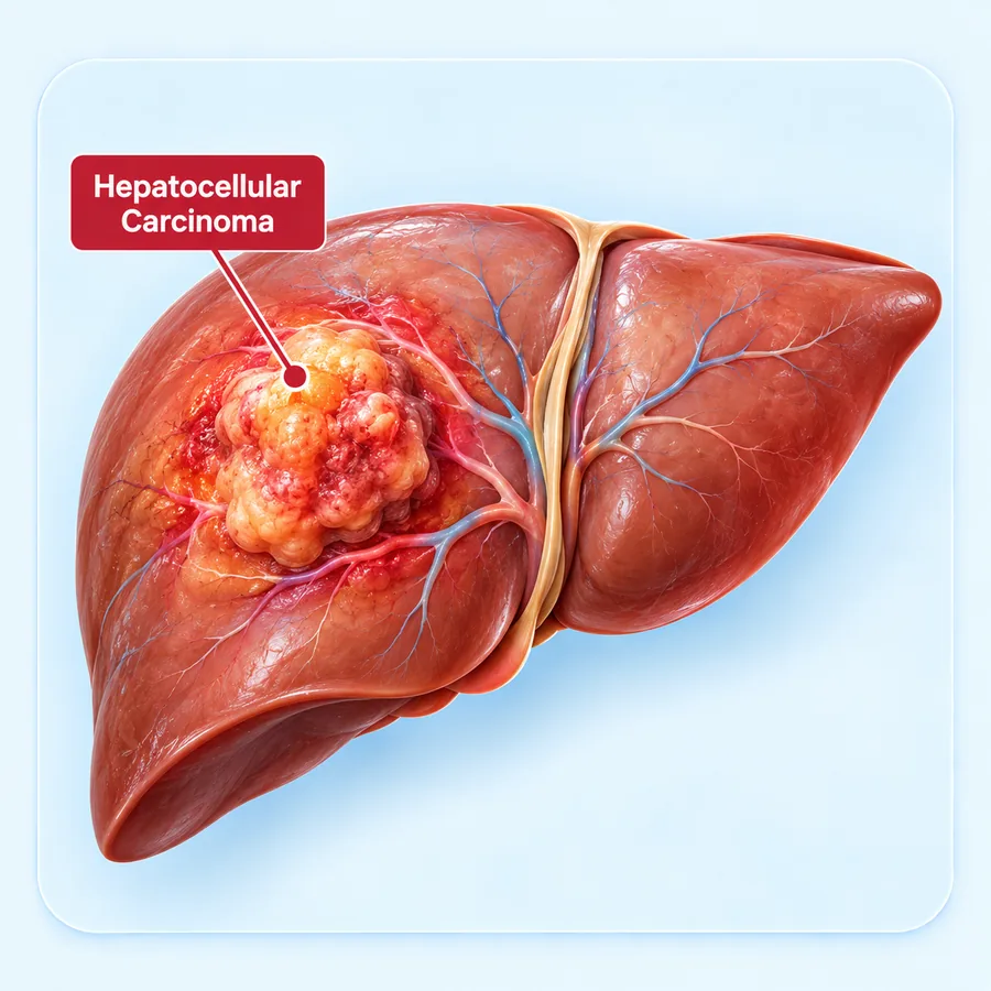 Illustration of the liver with a hepatocellular carcinoma arising in the right lobe