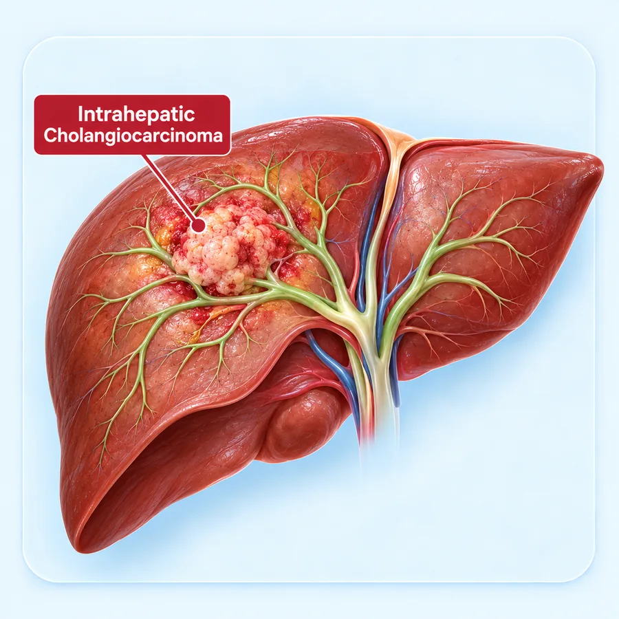 Illustration of the liver with an intrahepatic cholangiocarcinoma arising from the bile ducts inside the liver