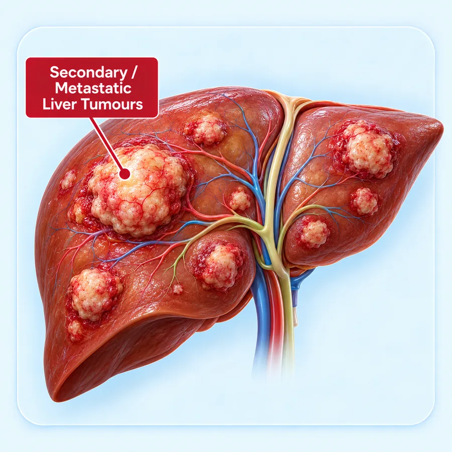 Illustration of the liver carrying several secondary tumours that have spread from elsewhere