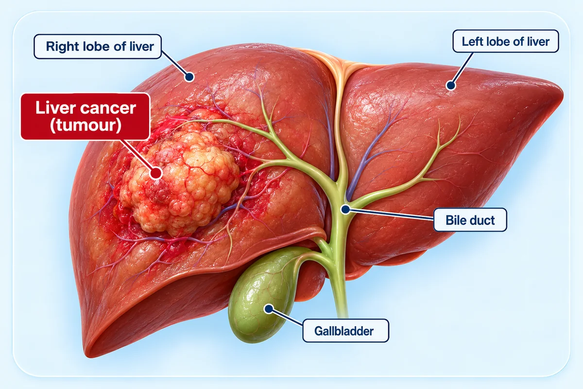 Diagram of the liver labelling the right and left lobes, a liver cancer tumour in the right lobe, the bile duct and the gallbladder