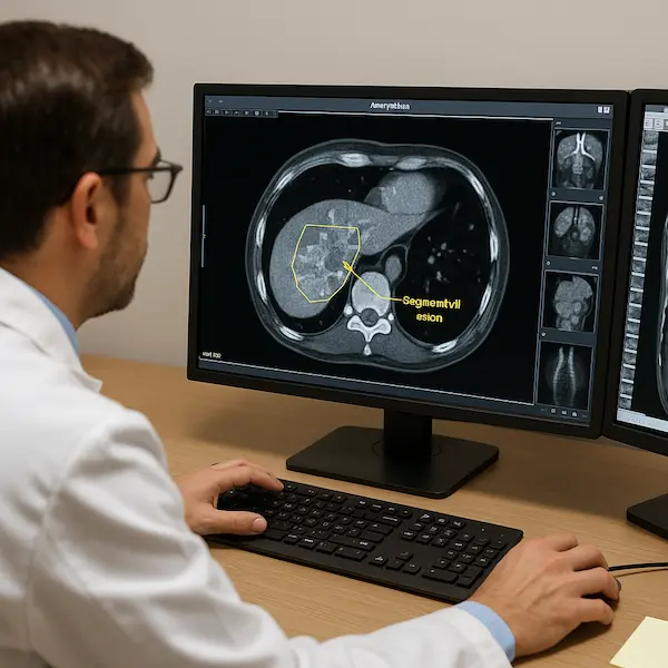 Clinical representation of a patient experiencing liver cancer symptoms, including abdominal pain and jaundice, with anatomical highlights Advitya healthcares 2
