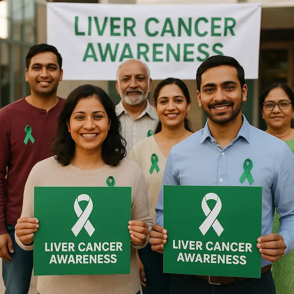 Icons or infographic showing various treatment options for liver cancer, including surgery, immunotherapy, embolisation, and ablation