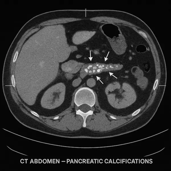 CT scan showing calcified pancreas , advitya healthcare