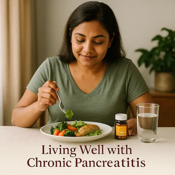 Patient eating healthy with enzymes beside plate, caption 'Living Well with Chronic Pancreatitis' Advitya healthcare