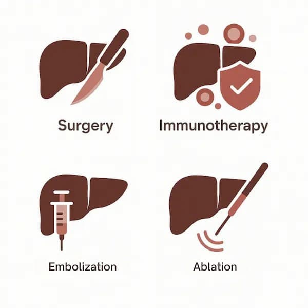 Icons or infographic showing various treatment options for liver cancer, including surgery, immunotherapy, embolisation, and ablation