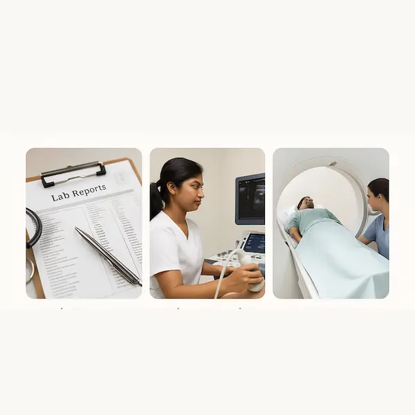 Collage of lab reports, ultrasound, CT scan Advitya healthcare