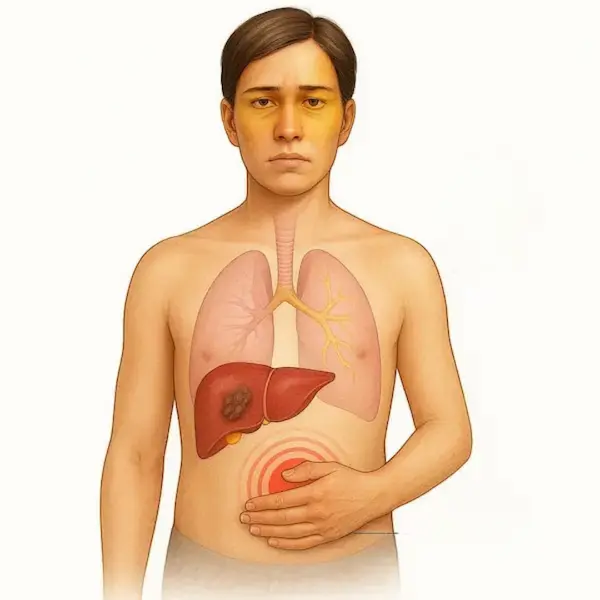 Clinical representation of a patient experiencing liver cancer symptoms, including abdominal pain and jaundice, with anatomical highlights Advitya healthcares